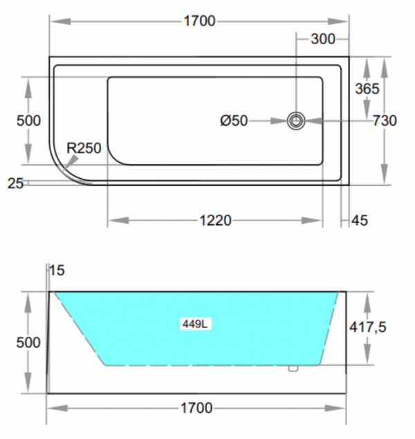CORNER 1700mm Back to Wall Bathtub (Right) – 500mm height 2