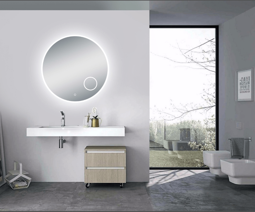 LED Black Frame Round Mirror with Magnifying Glass (900mm)