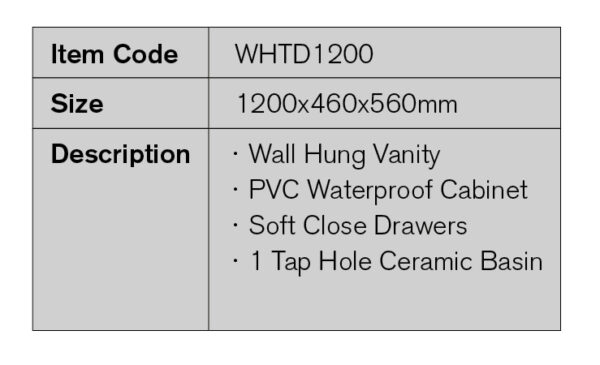 1200mm PVC Waterproof Wall Hung Vanity (Single Bowl) 2