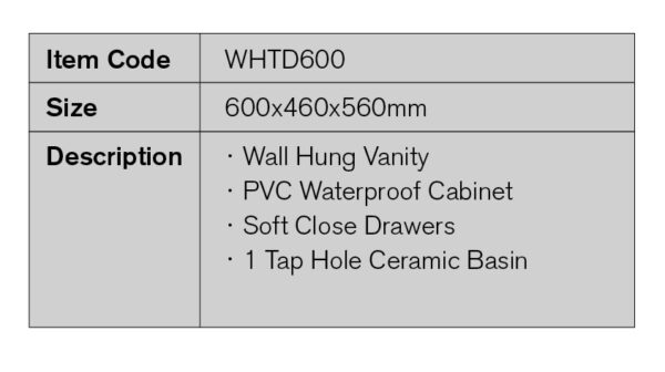 600mm PVC Waterproof Wall Hung Vanity 2