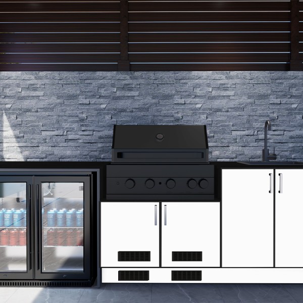 White Doors with Midnight Riviera Stone and Black Appliances
