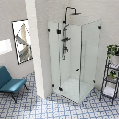 MATTE BLACK Frameless Wall to Wall Pivot Hinge Door (L-Shape)