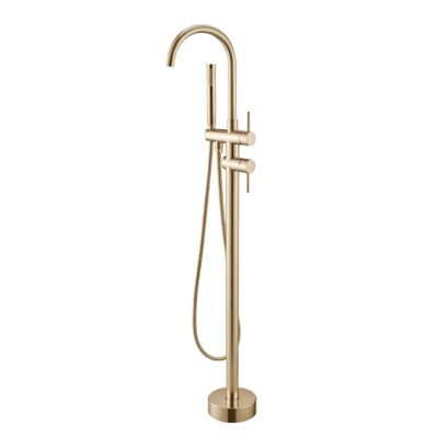 Round Light Brushed Brass Freestanding Bath Mixer With Handheld Shower