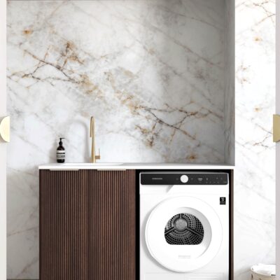 1300mm Sable Walnut Havana Fluted Base Laundry Cabinet with Stone Top & Sink