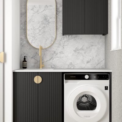 1305mm Matte White Black Marlo Laundry Kit with Stone Top & Sink