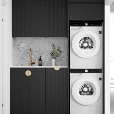 1715mm Matte White Black Marlo Fluted Laundry Kit with Stone Top & Sink
